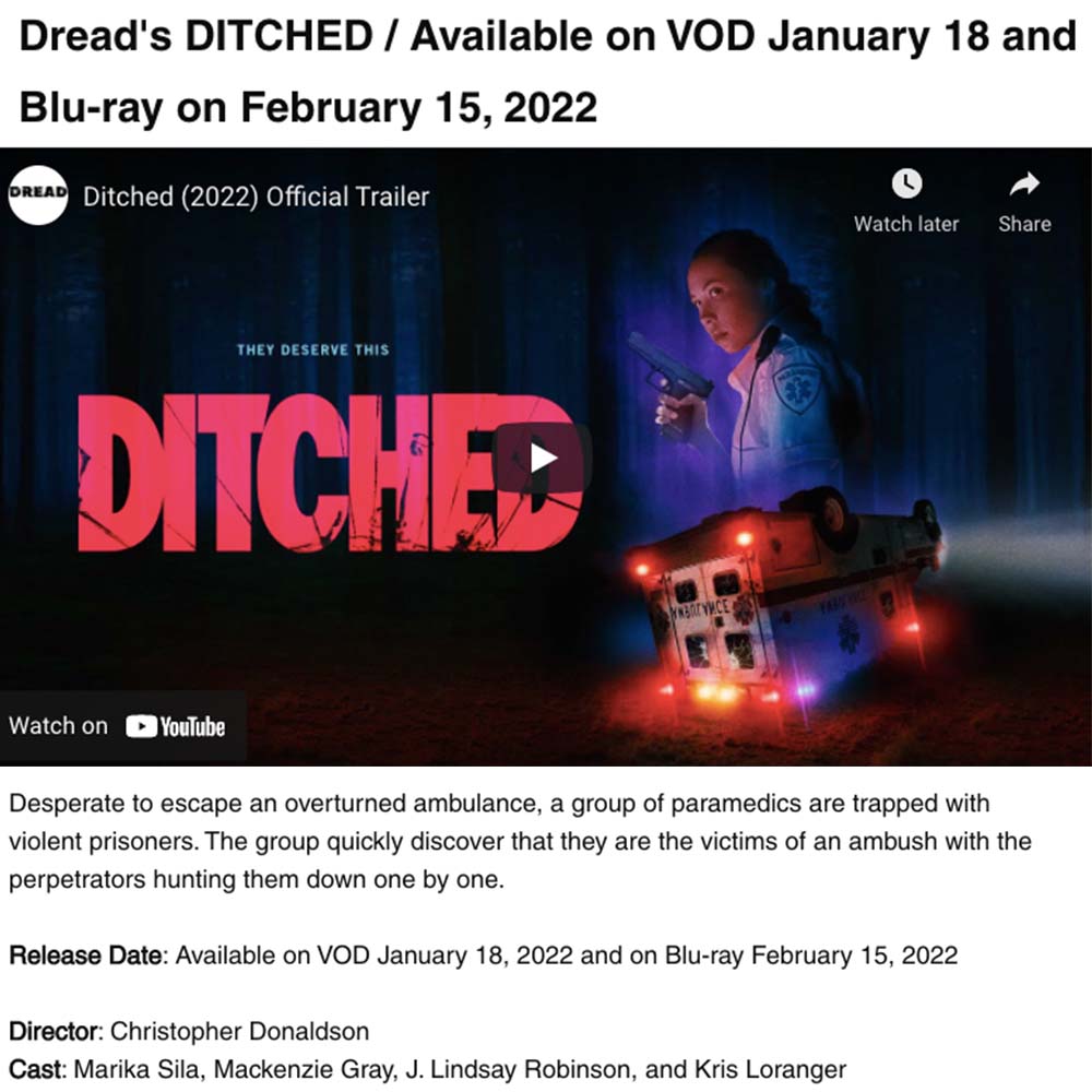Dread's DITCHED / Available on VOD January 18 and Blu-ray on February 15, 2022